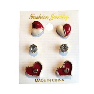 Red Heart Stud Earrings Set w/ Crystal Studs & Red White Hearts 3 Pair Gift Bag